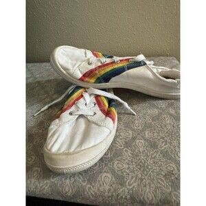 Torrid Shoes Womens Size 8 White Canvas Rainbow Stripe Slip On Sneakers